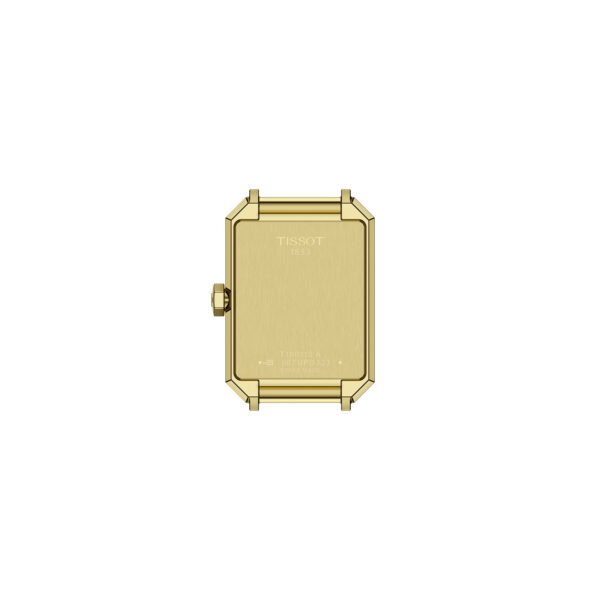 Tissot SRV 30mm watch with yellow gold PVD case, black mother-of-pearl diamond dial, and sapphire crystal