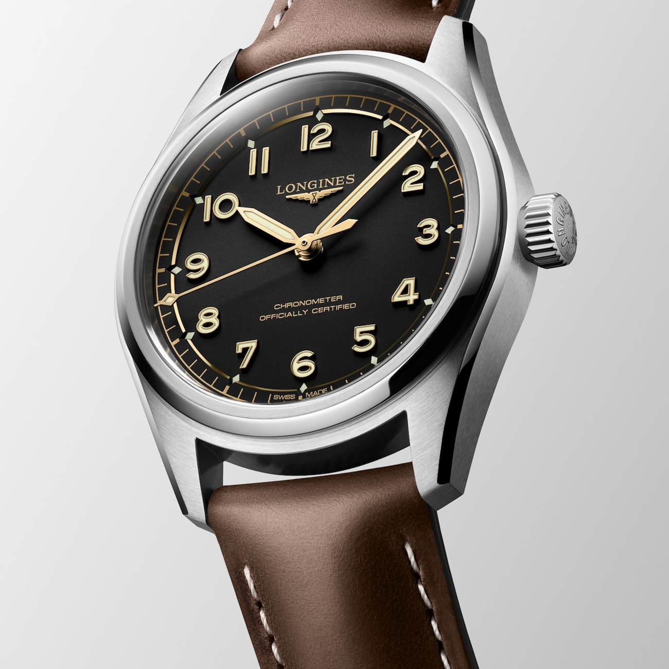 LONGINES Spirit Pilot L3.809.4.53.2 – 39mm Automatic Watch with Leather Strap LONGINES Spirit Pilot L3.809.4.53.2 automatic watch with black dial and brown leather strap