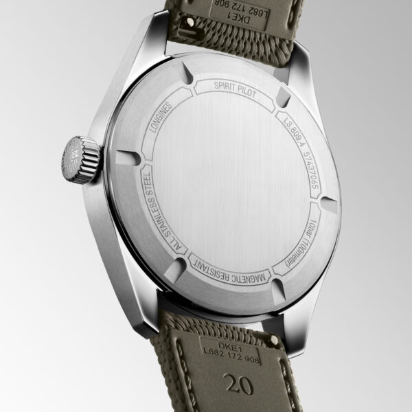 LONGINES Spirit Pilot L3.809.4.53.9 automatic watch with black dial and green rubber strap