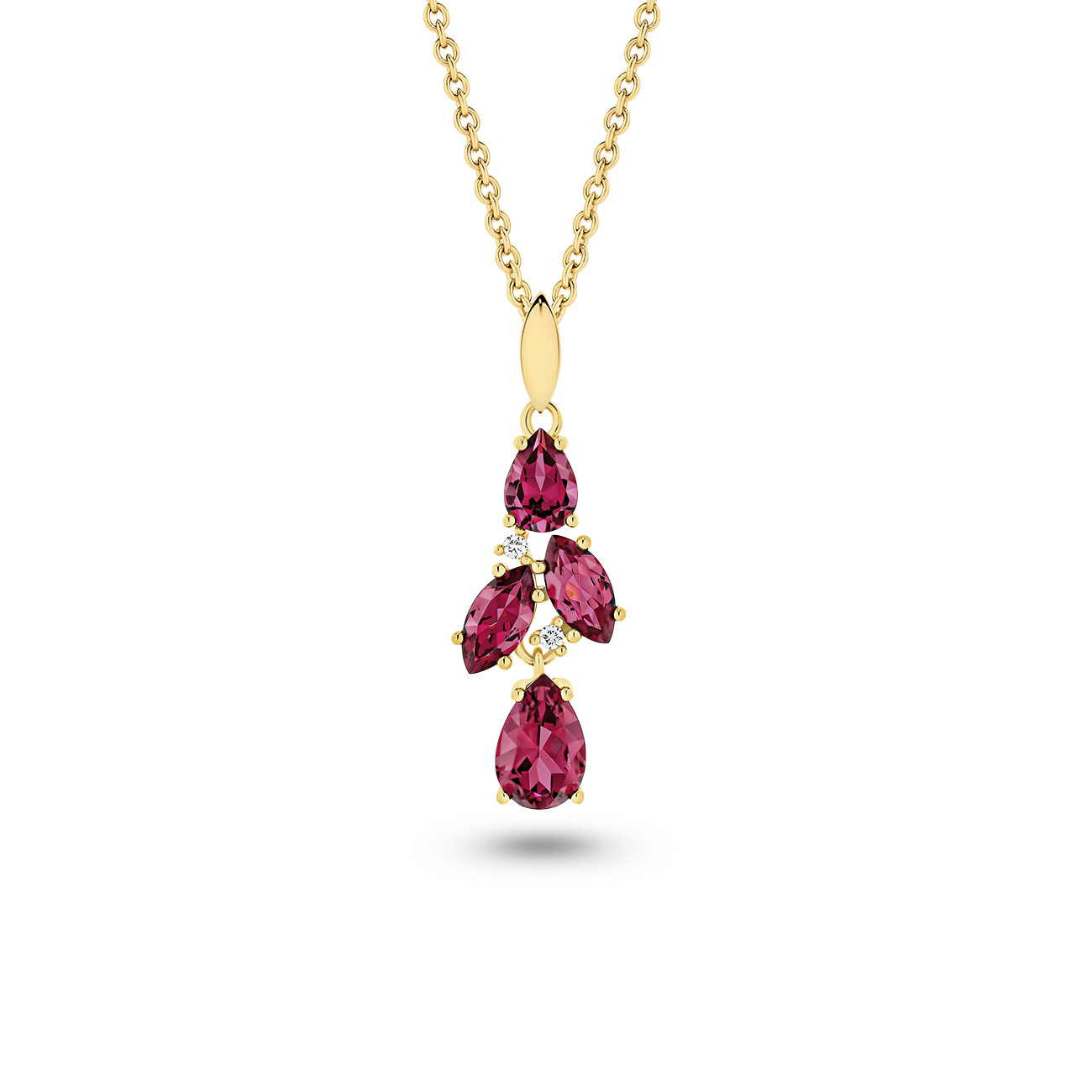 Pink Rhodolite & Diamond Fancy Shape Drop Pendant in 18K Yellow Gold