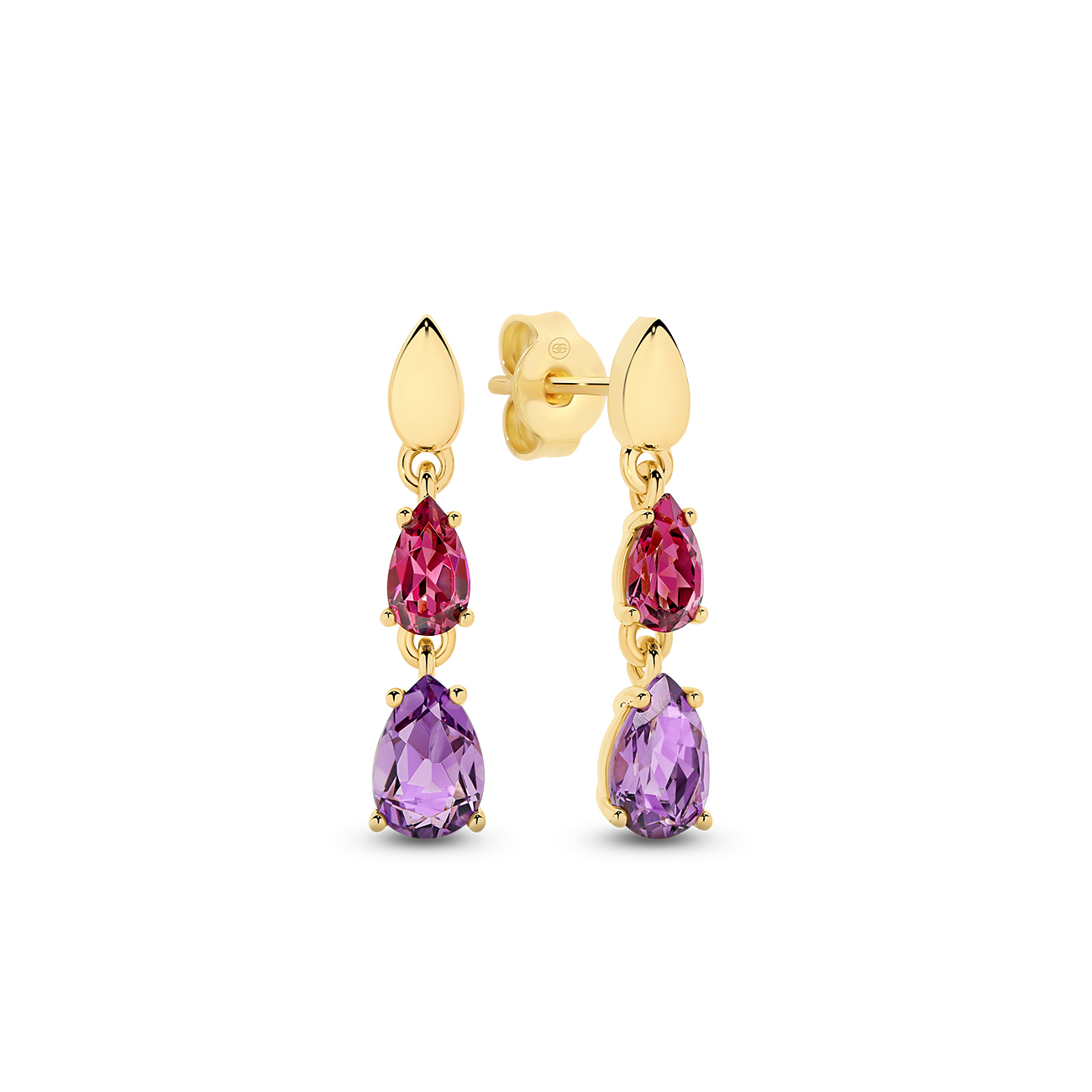 Amethyst &#038; Pink Rhodolite Drop Earrings in 18K Yellow Gold