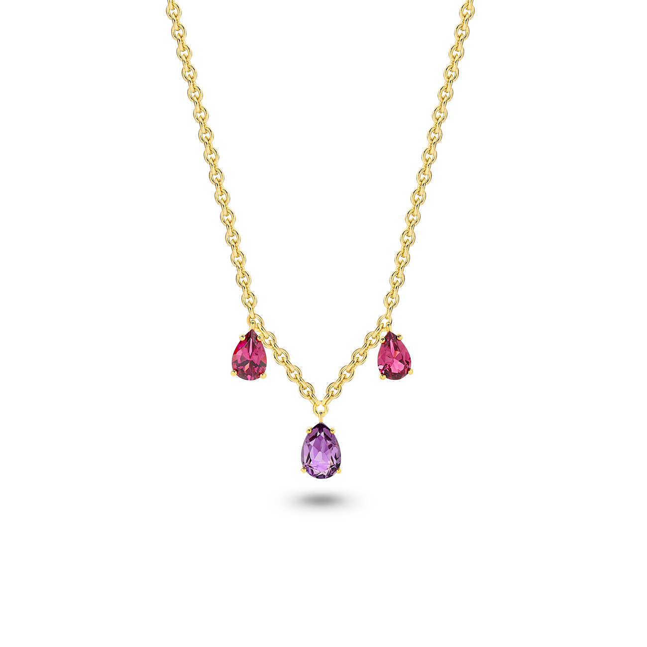 Amethyst &#038; Pink Rhodolite Drop Necklace in 18K Yellow Gold