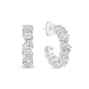 Cubic Zirconia Silver Fancy Shape Hoop Clara Earrings with oval, emerald, pear, and marquise stones.