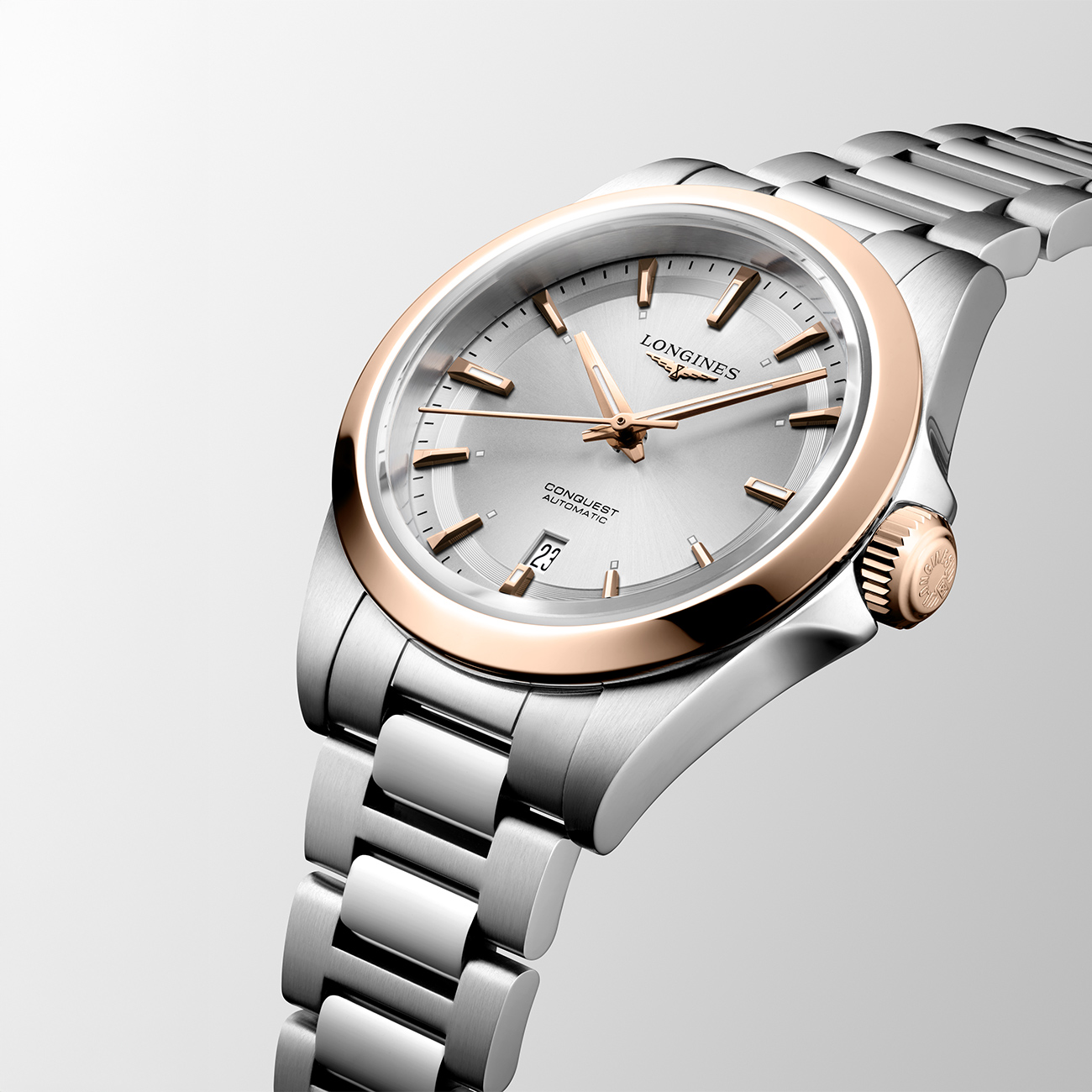 Longines Conquest L3.320.5.72.6 Automatic Watch – 30mm Pink Gold & Steel Longines Conquest L3.320.5.72.6 stainless steel and pink gold 30mm automatic watch with sunray silver dial