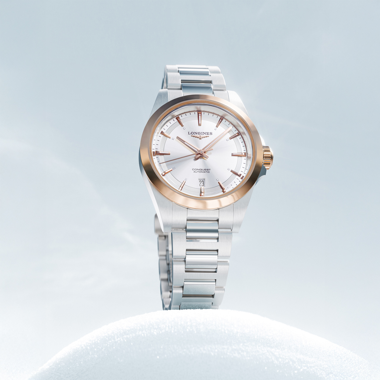 Longines Conquest L3.320.5.72.6 Automatic Watch – 30mm Pink Gold & Steel Longines Conquest L3.320.5.72.6 stainless steel and pink gold 30mm automatic watch with sunray silver dial