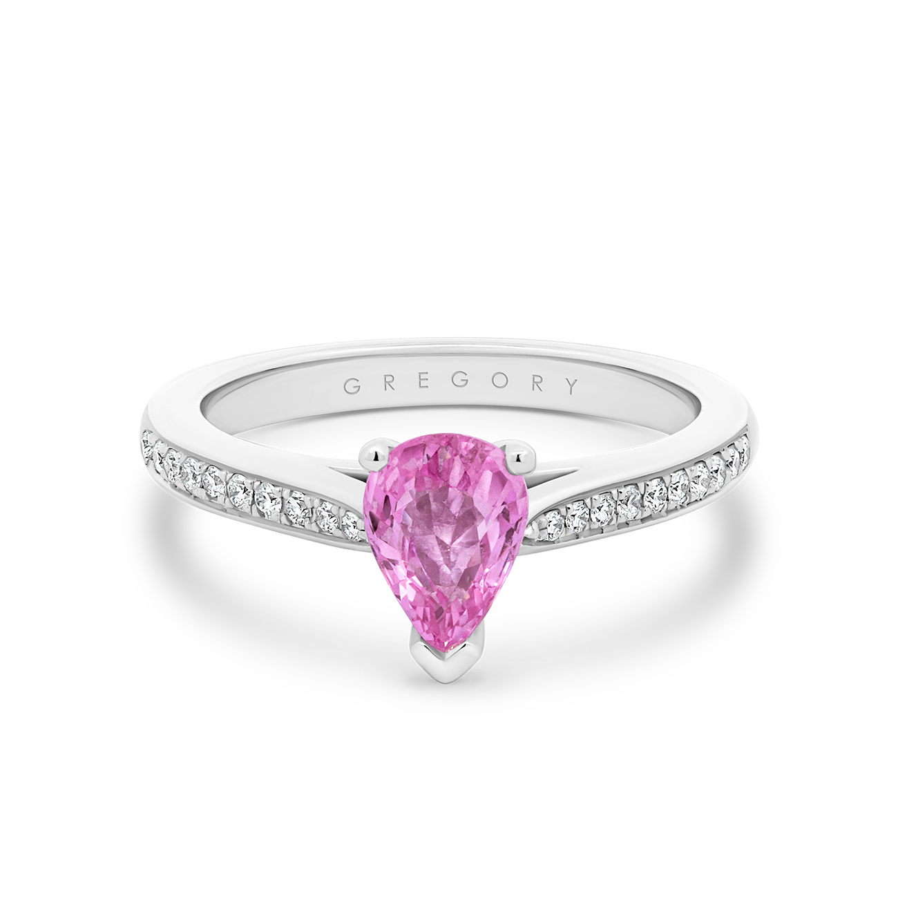 18K White Gold Pear Shape Pink Sapphire & Diamond Ring – A2092-WG Pear Shape Pink Sapphire and Diamond Ring in 18K White Gold by Gregory Jewellers