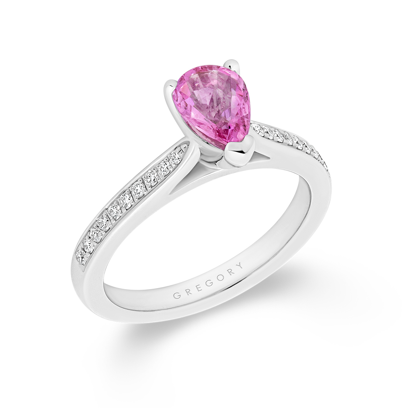 18K White Gold Pear Shape Pink Sapphire & Diamond Ring – A2092-WG Pear Shape Pink Sapphire and Diamond Ring in 18K White Gold by Gregory Jewellers