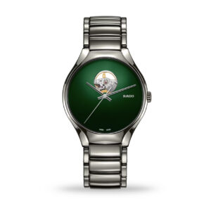 Rado True Secret R27108312 plasma high‑tech ceramic automatic watch with green open‑balance dial