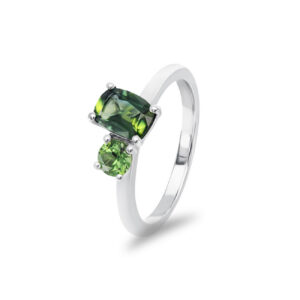 Toi Et Moi ring in 9k white gold with cushion and round teal sapphires