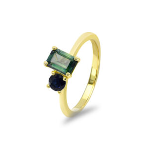 Toi Et Moi ring in 9k yellow gold with emerald cut teal and round blue sapphires