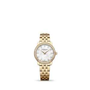 Raymond Weil Toccata 5024-PS-97081 ladies 24mm gold PVD diamond bezel mother of pearl watch - front view