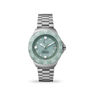 TAG Heuer Formula 1 Solargraph 38mm watch with pastel green TH-Polylight case, green dial, and steel bracelet