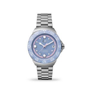 TAG Heuer Formula 1 Solargraph 38mm watch with pastel blue TH-Polylight case, blue dial with pink flange, and steel bracelet
