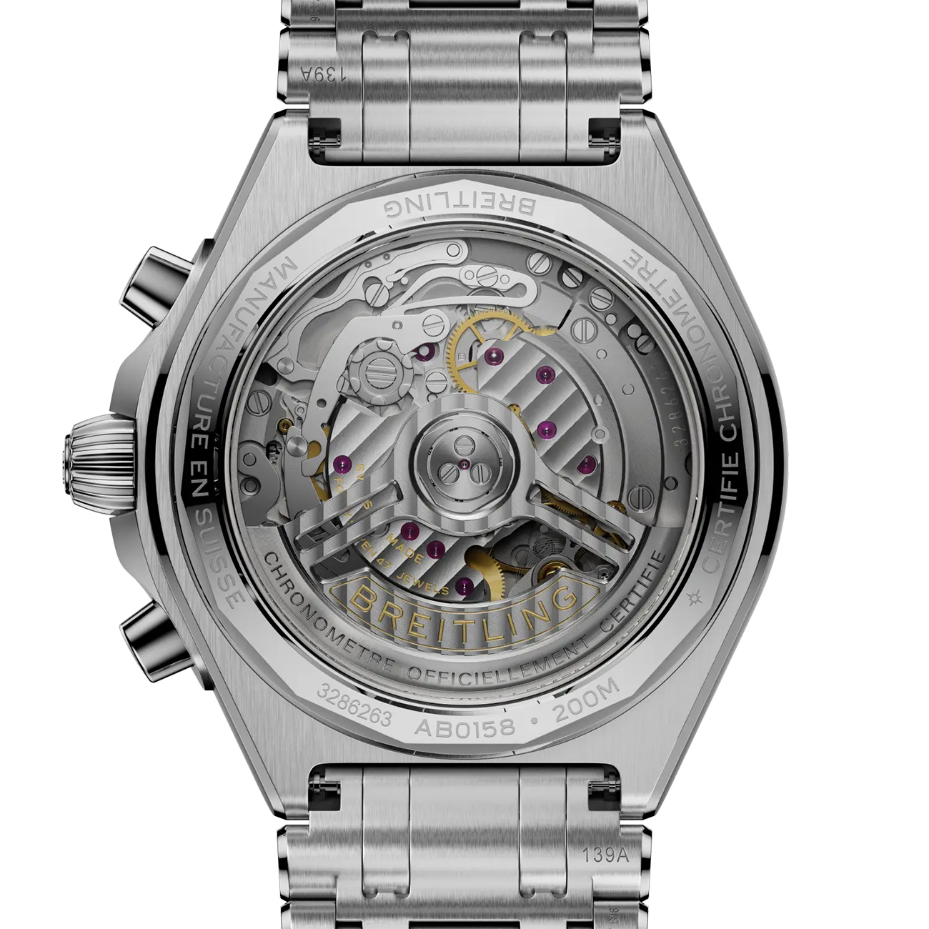 Breitling Chronomat B01 42 White Panda Dial Breitling Chronomat B01 Chronograph 42 white panda sunray dial stainless steel watch with rouleaux bracelet - back view