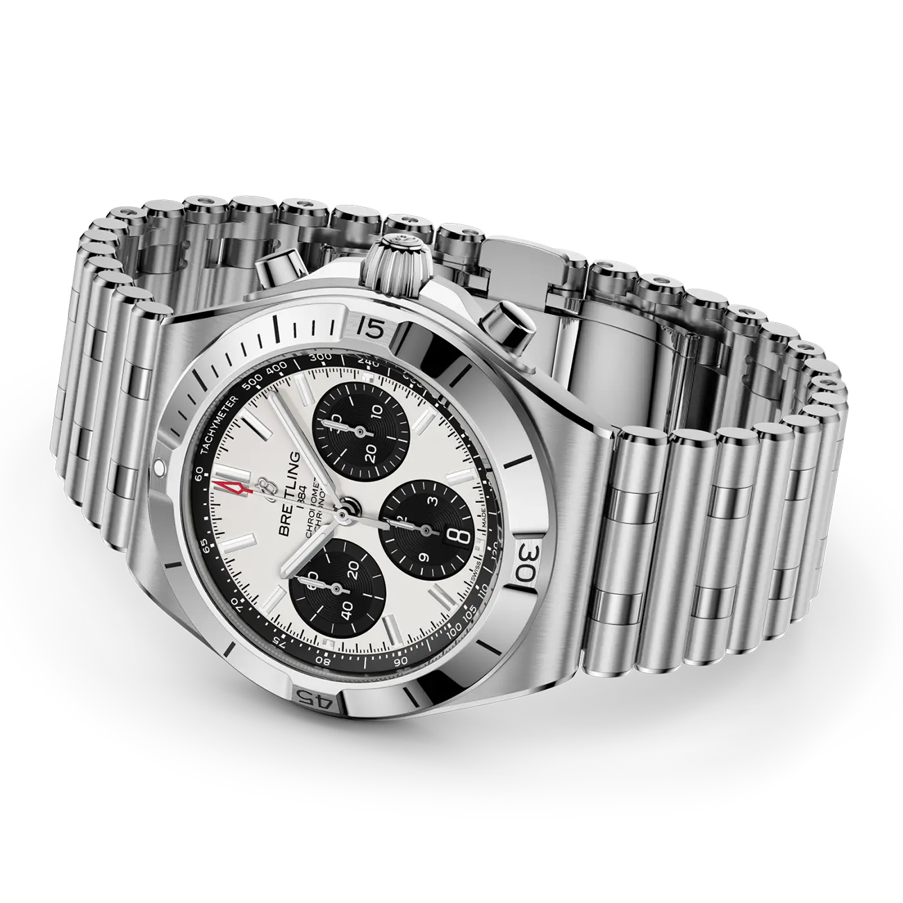 Breitling Chronomat B01 42 White Panda Dial Breitling Chronomat B01 Chronograph 42 white panda sunray dial stainless steel watch with rouleaux bracelet - side view