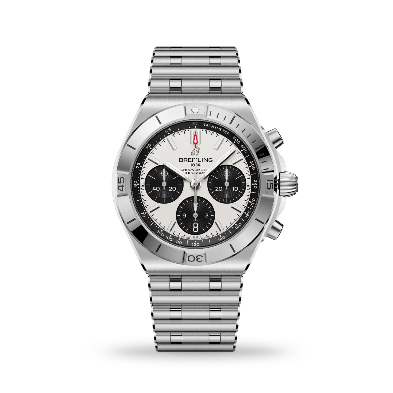 Breitling Chronomat B01 42 White Panda Dial Breitling Chronomat B01 Chronograph 42 white panda sunray dial stainless steel watch with rouleaux bracelet - front view