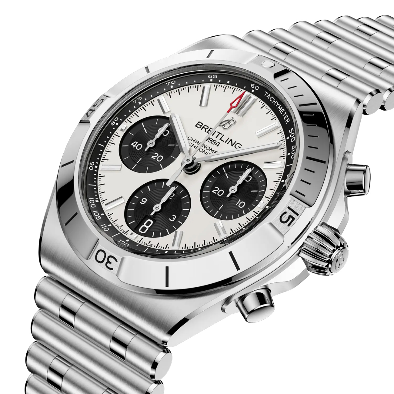 Breitling Chronomat B01 42 White Panda Dial Breitling Chronomat B01 Chronograph 42 white panda sunray dial stainless steel watch with rouleaux bracelet - side view