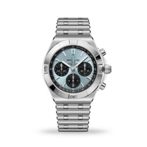 Breitling Chronomat B01 Chronograph 42 ice blue sunray panda dial stainless steel watch with platinum bezel and rouleaux bracelet