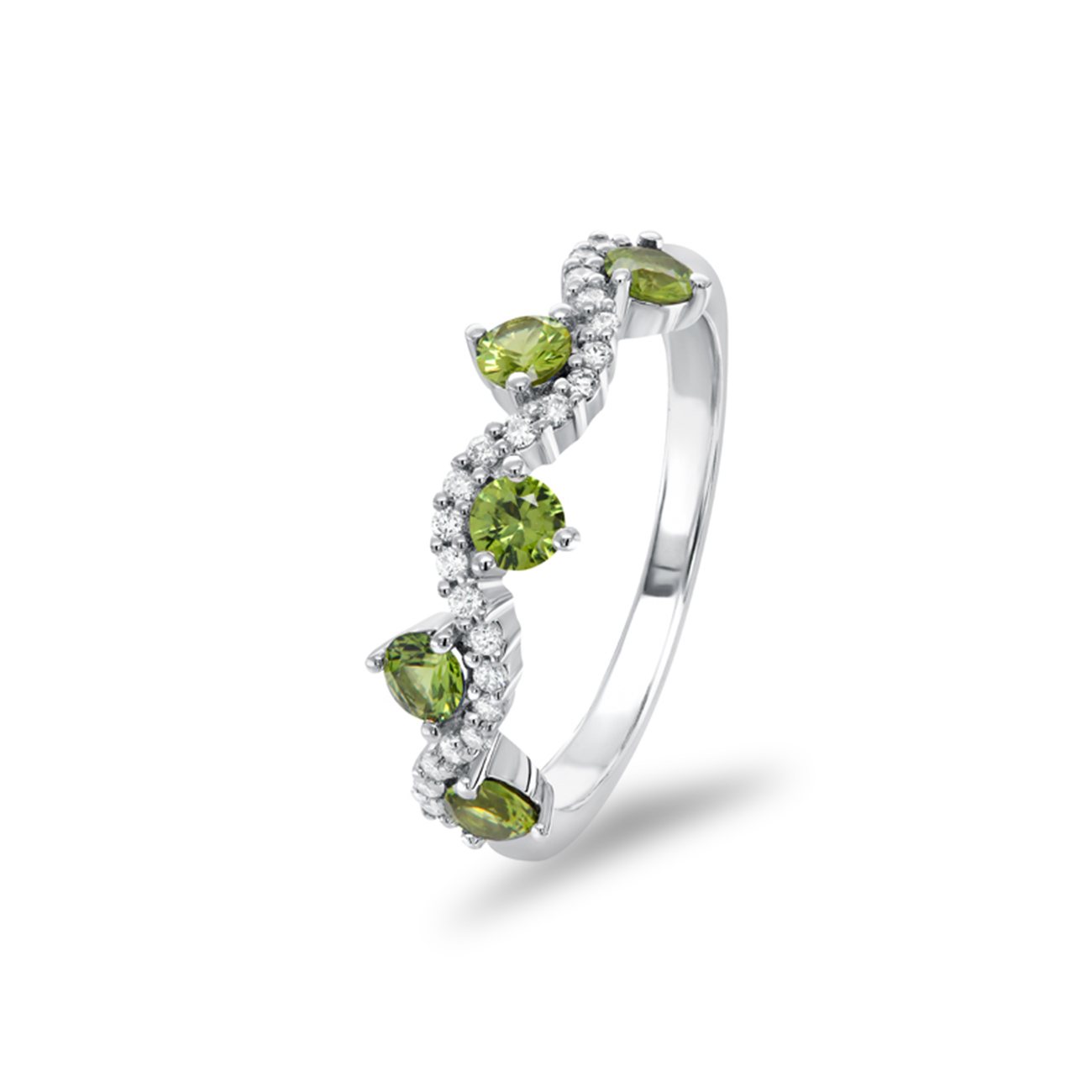 Savannah Ring – Green Australian Sapphire & Diamond Ring Savannah Ring in 18k white gold with Australian green sapphires and diamond vine band