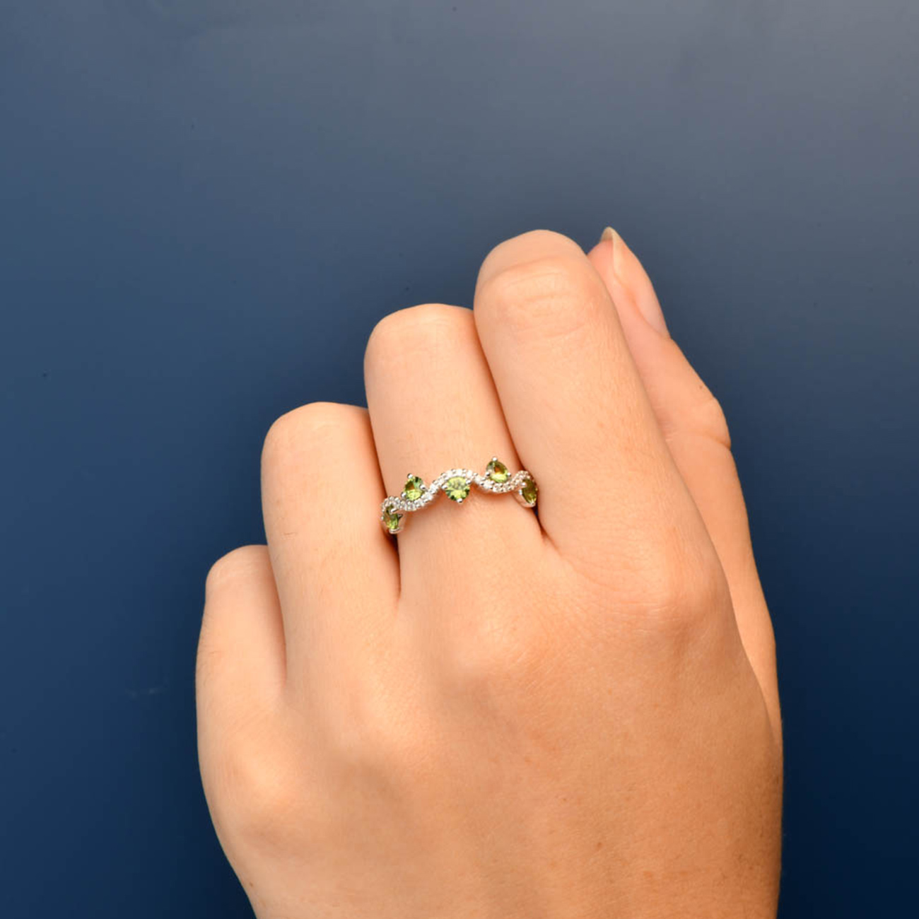 Savannah Ring – Green Australian Sapphire & Diamond Ring Savannah Ring in 18k white gold with Australian green sapphires and diamond vine band