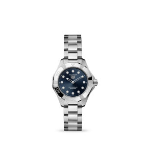 TAG Heuer Aquaracer 28mm Solargraph watch with blue sunray dial and diamond hour markers