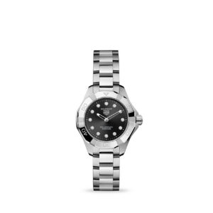 TAG Heuer Aquaracer 28mm Solargraph watch with stainless steel bracelet and black diamond dial