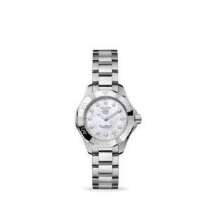TAG Heuer Aquaracer 28mm Solargraph watch with white mother-of-pearl dial and diamond hour markers