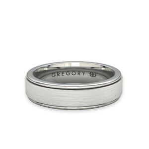 18K white gold modern wedding band with brushed flat centre and polished edges