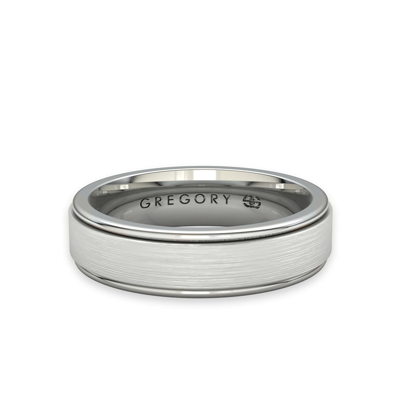 White Gold Modern Wedding Band – W122-WG 18K white gold modern wedding band with brushed flat centre and polished edges