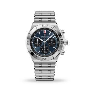 Breitling Chronomat B01 Chronograph 42 blue sunray panda dial stainless steel watch with rouleaux bracelet - front view