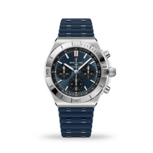 Breitling Chronomat B01 Chronograph 42 blue sunray panda dial stainless steel watch with blue rubber strap