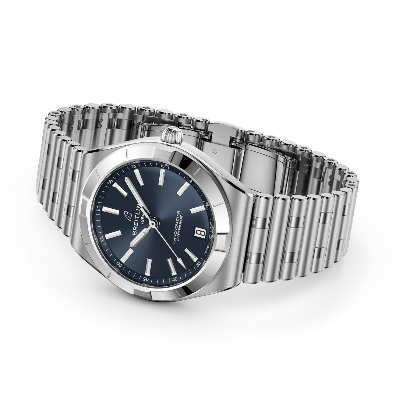 Breitling Chronomat Automatic 36 Blue Dial 36mm Breitling Chronomat Automatic 36 blue dial stainless steel watch with rouleaux bracelet - side view