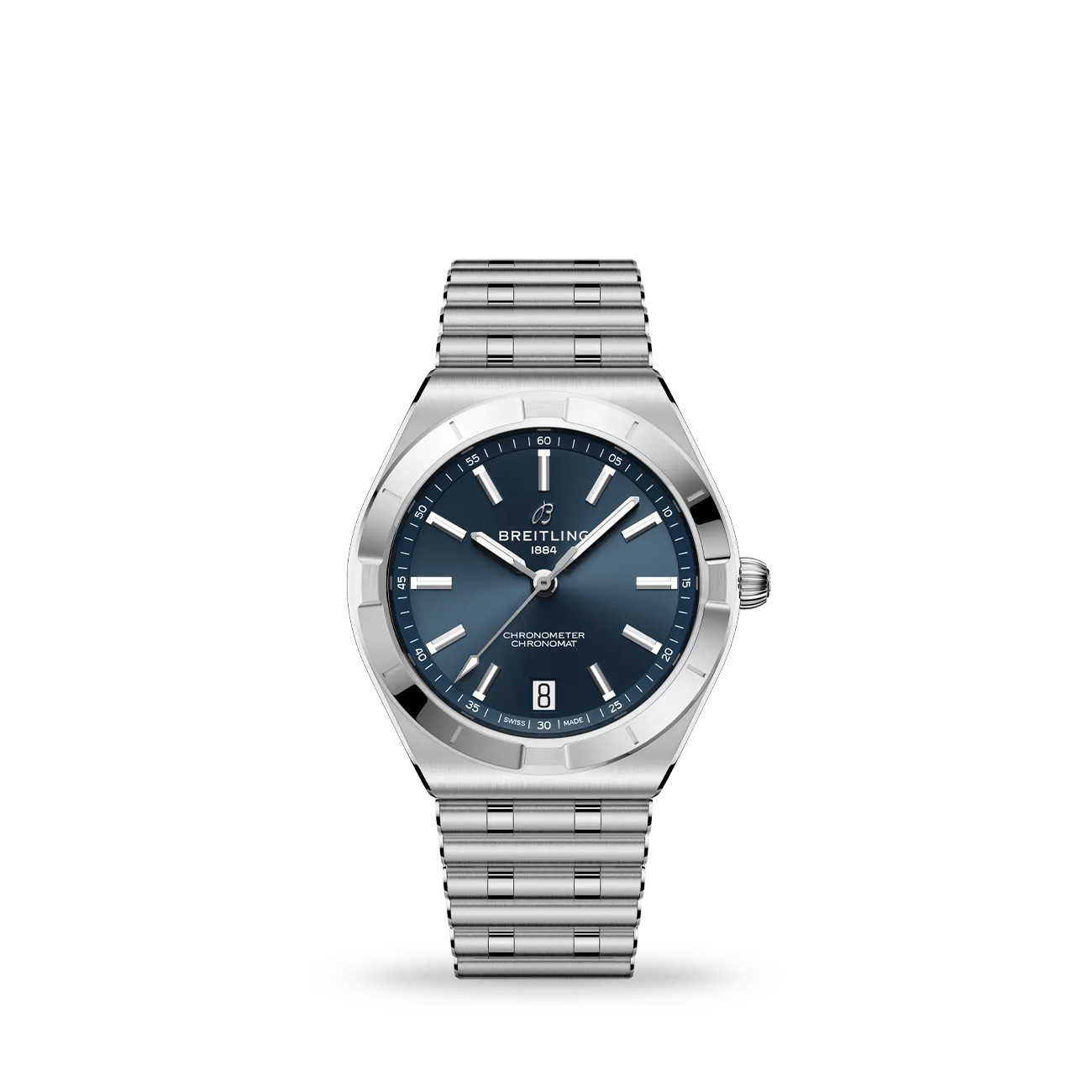 Breitling Chronomat Automatic 36 Blue Dial 36mm Breitling Chronomat Automatic 36 blue dial stainless steel watch with rouleaux bracelet - front view