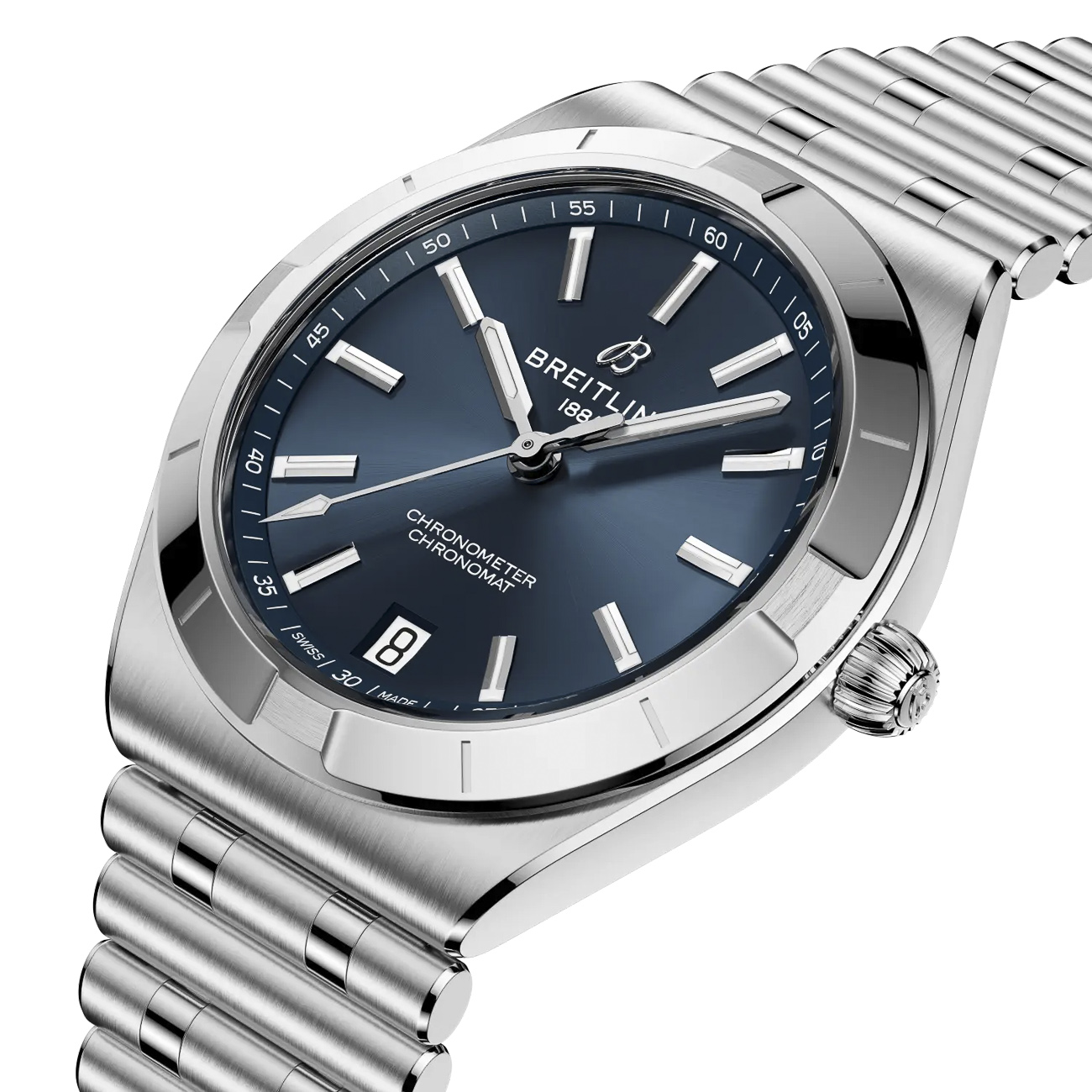 Breitling Chronomat Automatic 36 Blue Dial 36mm Breitling Chronomat Automatic 36 blue dial stainless steel watch with rouleaux bracelet - three quarter view