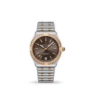 Breitling Chronomat Automatic 36 brown sunray dial steel and 18k red gold watch with diamond bezel and rouleaux bracelet - front view