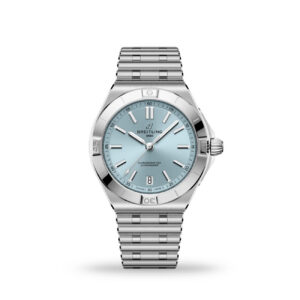 Breitling Chronomat B31 Automatic 40 ice blue sunray dial stainless steel watch with platinum bezel and rouleaux bracelet - front view