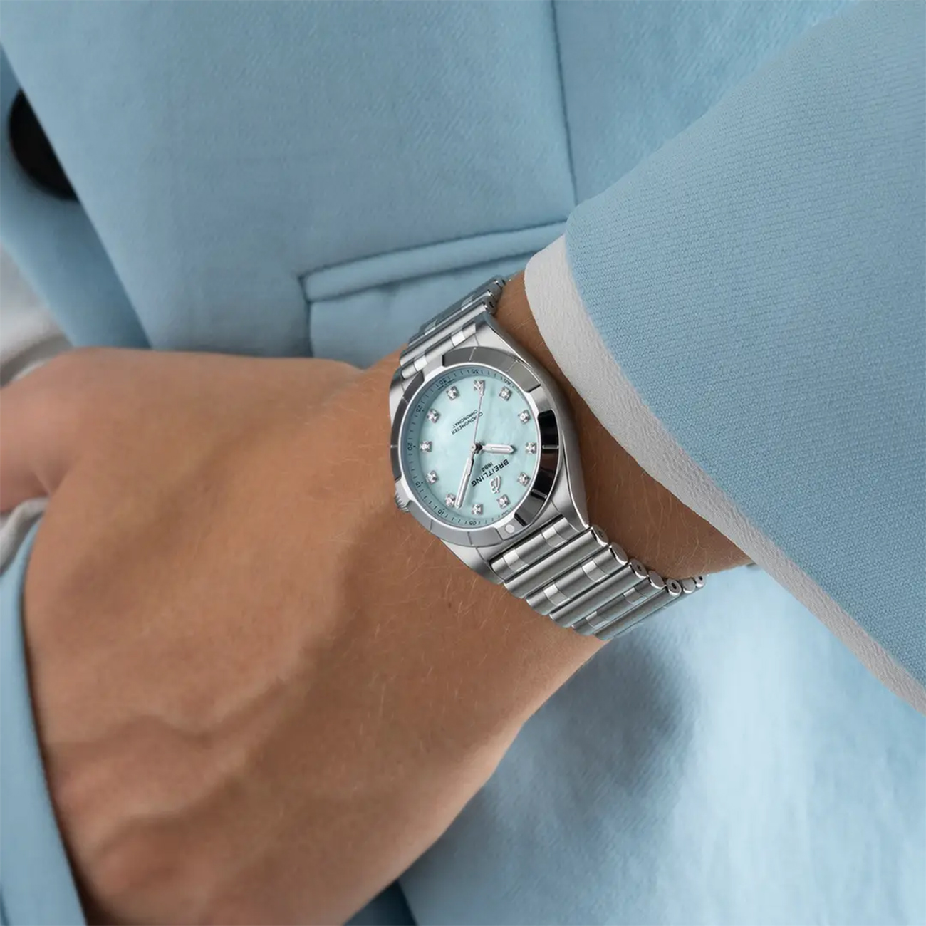 Breitling Chronomat 28 A72310101C1A1 Watch-on_wrist Breitling Chronomat 28 A72310101C1A1 stainless steel luxury watch with light blue dial