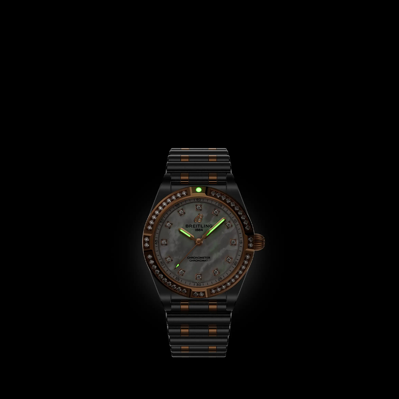 Breitling Chronomat 28 U72310531A1U1 Breitling Chronomat 28 U72310531A1U1 two-tone luxury watch with mother-of-pearl dial - lume view