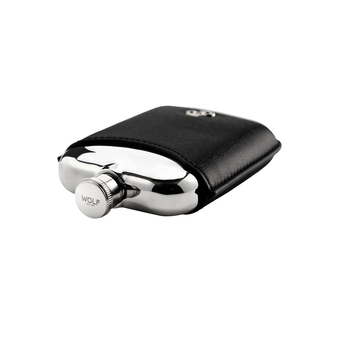 WOLF Philipp Hip Flask Black – 6oz Luxury Stainless Steel Flask WOLF Philipp Hip Flask Black with vegan leather sleeve and silver-plated stainless steel finish