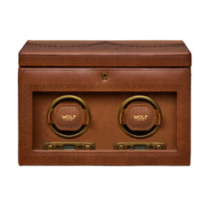 WOLF Brogue Double Winder with Storage Burnished Brown 440256 luxury watch winder with brass hardware