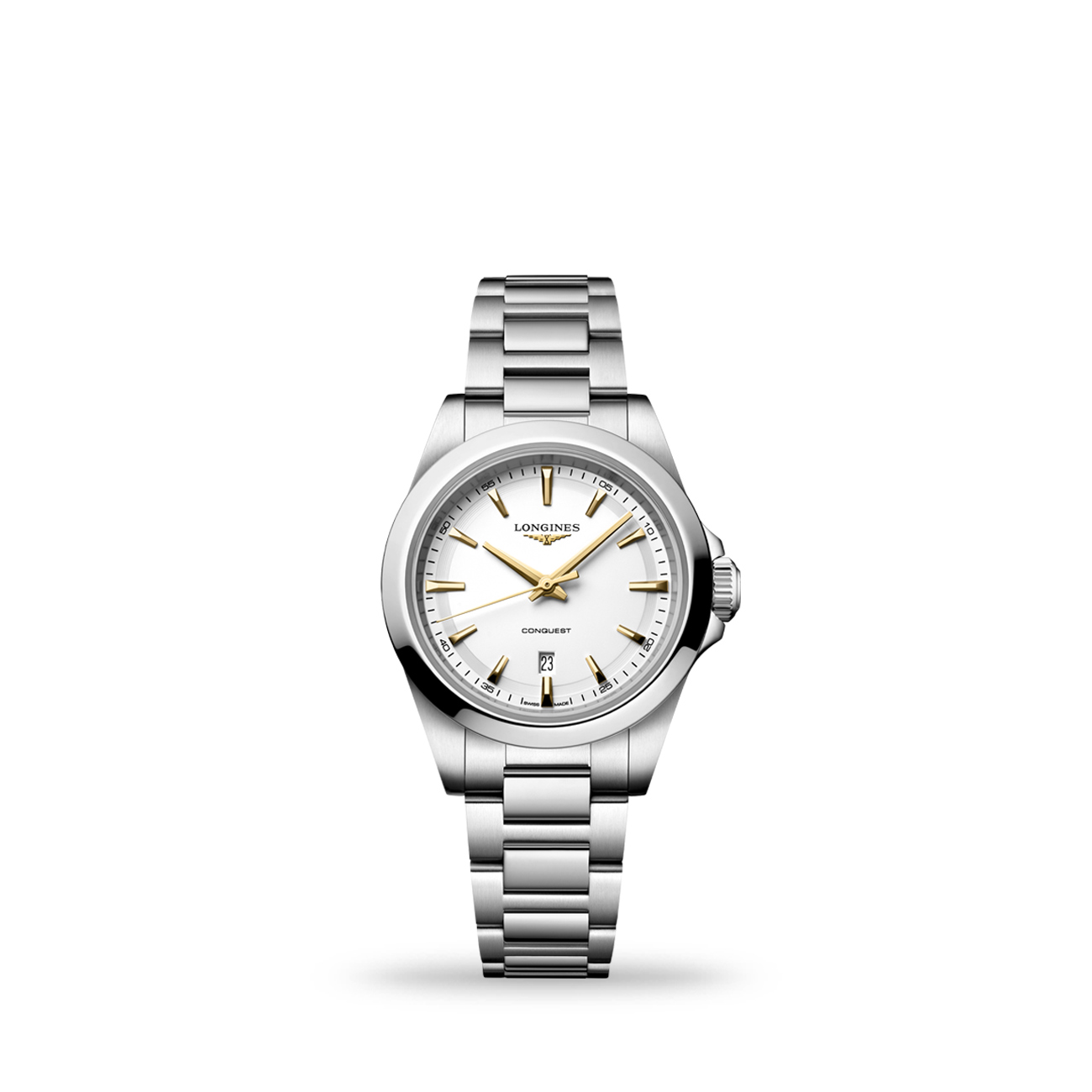 Longines Conquest L3.350.4.12.6 White Dial 30mm Watch Longines Conquest L3.350.4.12.6 ladies' 30mm stainless steel quartz watch with white sandblasted dial