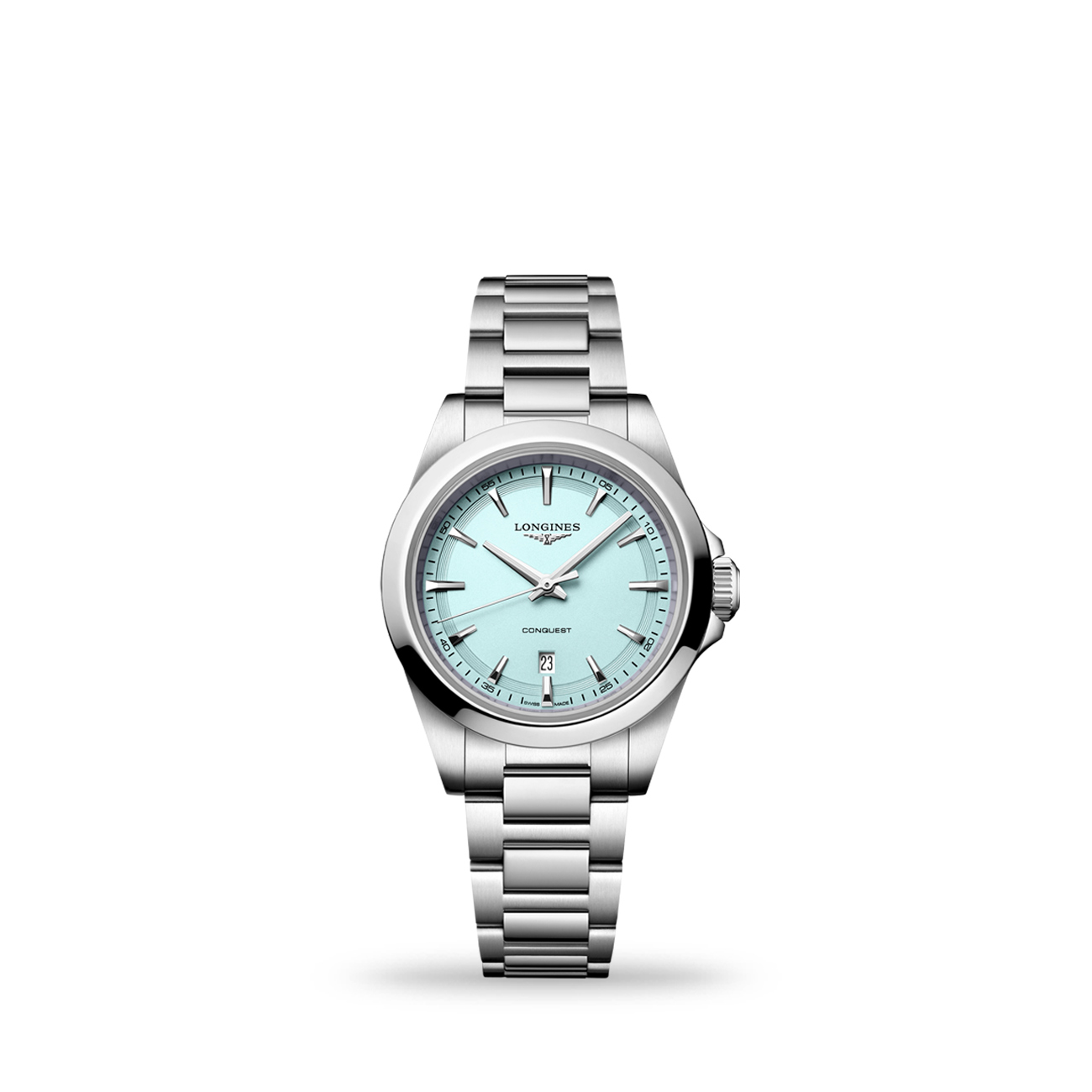 Longines Conquest L3.350.4.92.6 Mint Blue 30mm Watch Longines Conquest L3.350.4.92.6 ladies' 30mm stainless steel quartz watch with mint blue sandblasted dial