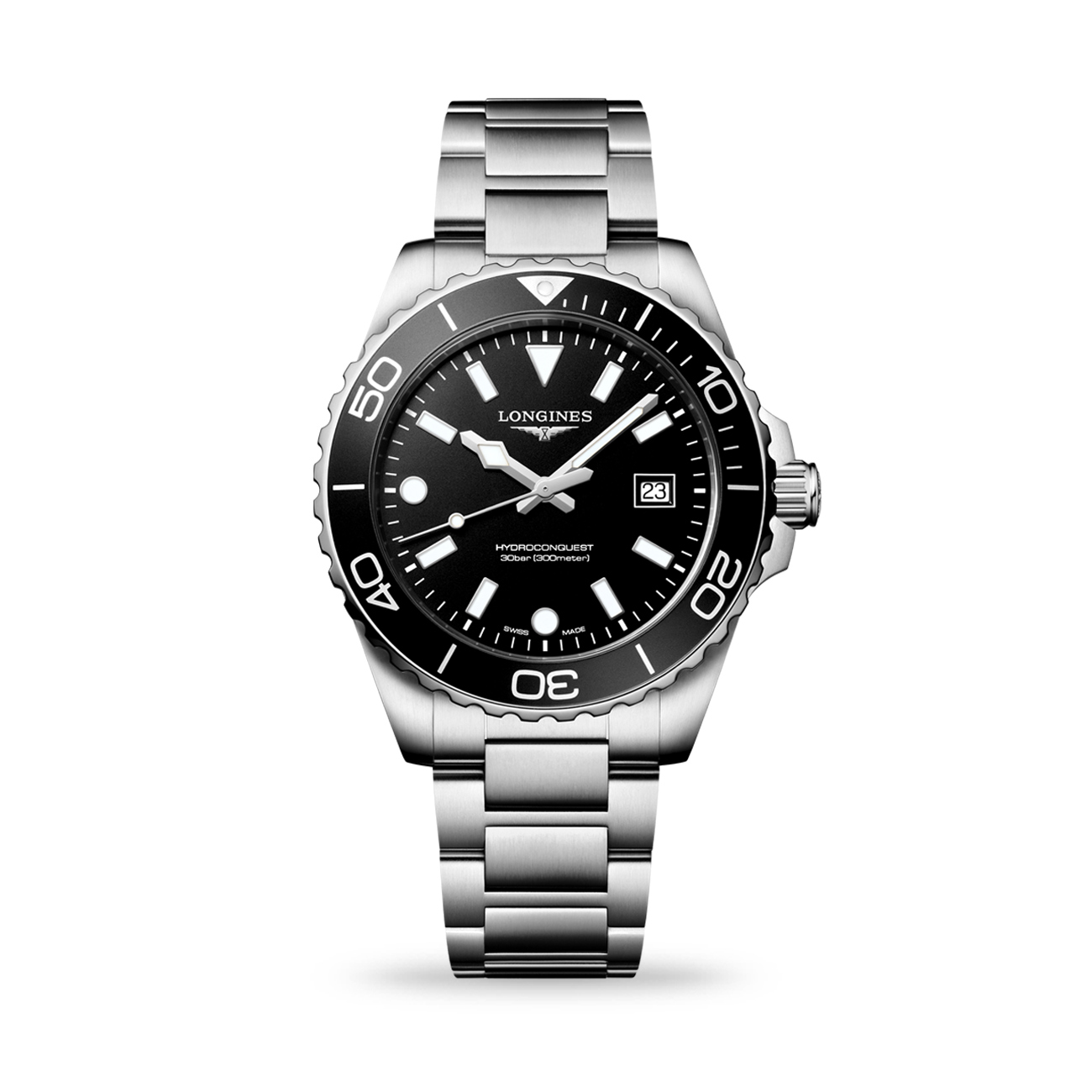 Longines HydroConquest Black Dial Quartz 42mm Watch Longines HydroConquest L3.769.4.56.6 quartz dive watch with black sandblasted dial and stainless steel bracelet