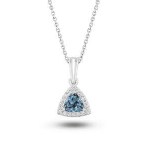 18K white gold halo pendant featuring a 0.89ct trilliant Sky Blue Topaz with a halo of 18 brilliant-cut diamonds
