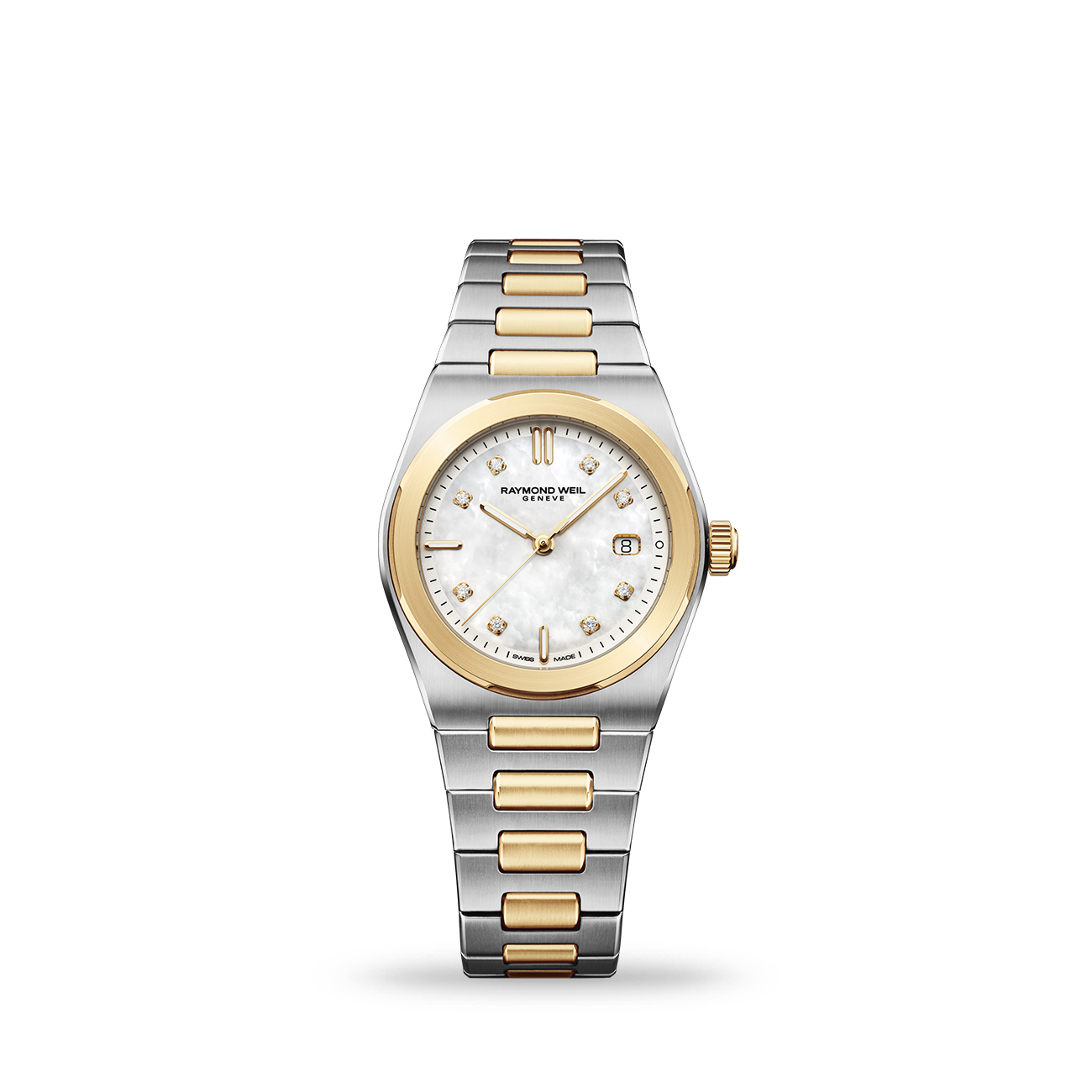 Raymond Weil A.R.T. 1250-STP-97081 Two-Tone Quartz Watch Raymond Weil A.R.T. 1250-STP-97081 ladies two-tone quartz watch with mother-of-pearl dial and integrated bracelet