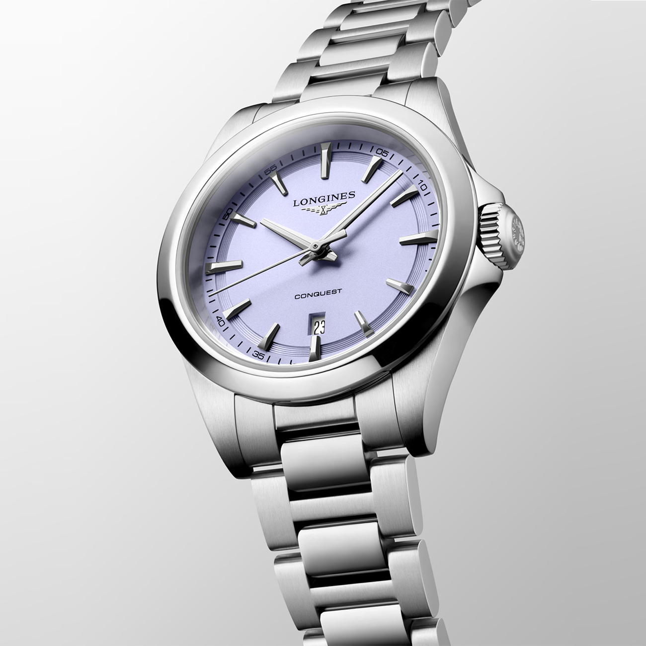 Longines Conquest L3.350.4.02.6 30mm Lavender Mauve Watch Longines Conquest L3.350.4.02.6 ladies' 30mm stainless steel quartz watch with lavender mauve dial