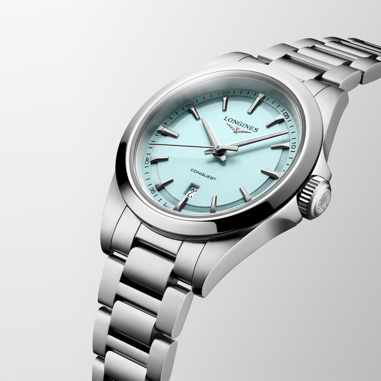 Longines Conquest L3.350.4.92.6 Mint Blue 30mm Watch Longines Conquest L3.350.4.92.6 ladies' 30mm stainless steel quartz watch with mint blue sandblasted dial