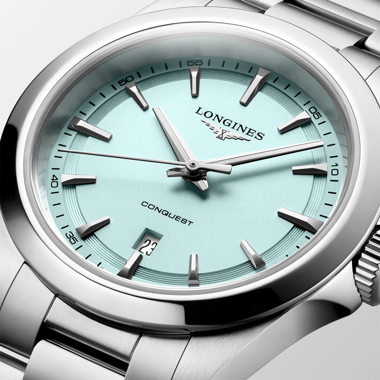 Longines Conquest L3.350.4.92.6 Mint Blue 30mm Watch Longines Conquest L3.350.4.92.6 ladies' 30mm stainless steel quartz watch with mint blue sandblasted dial