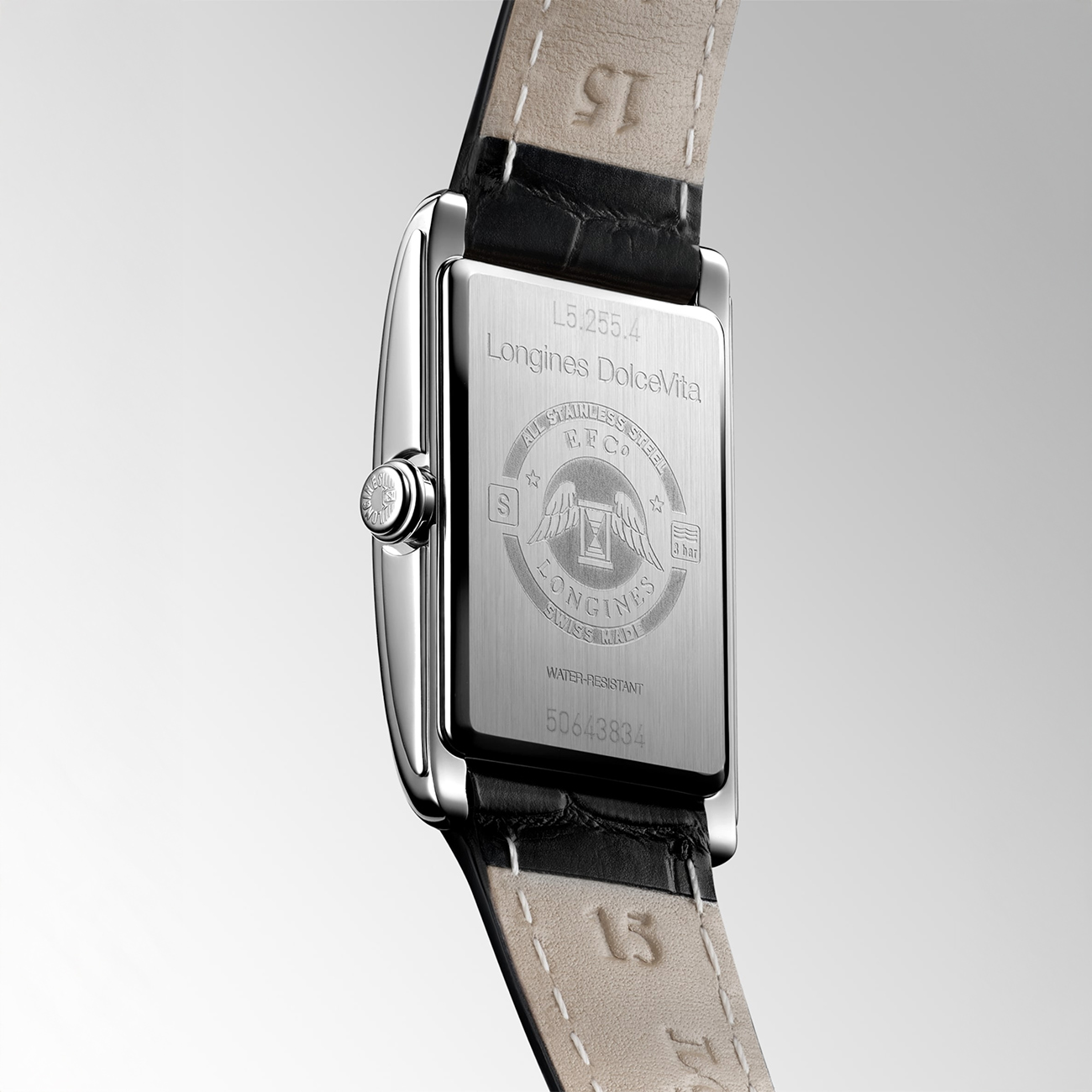 Longines DolceVita L5.255.4.71.0 Quartz Watch Longines DolceVita L5.255.4.71.0 rectangular stainless steel watch with silver flinqué dial and black alligator strap