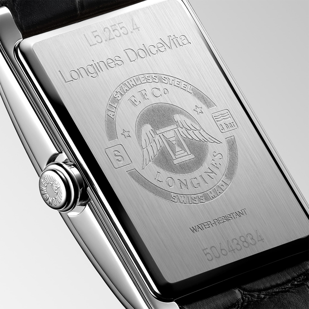 Longines DolceVita L5.255.4.71.0 Quartz Watch Longines DolceVita L5.255.4.71.0 rectangular stainless steel watch with silver flinqué dial and black alligator strap
